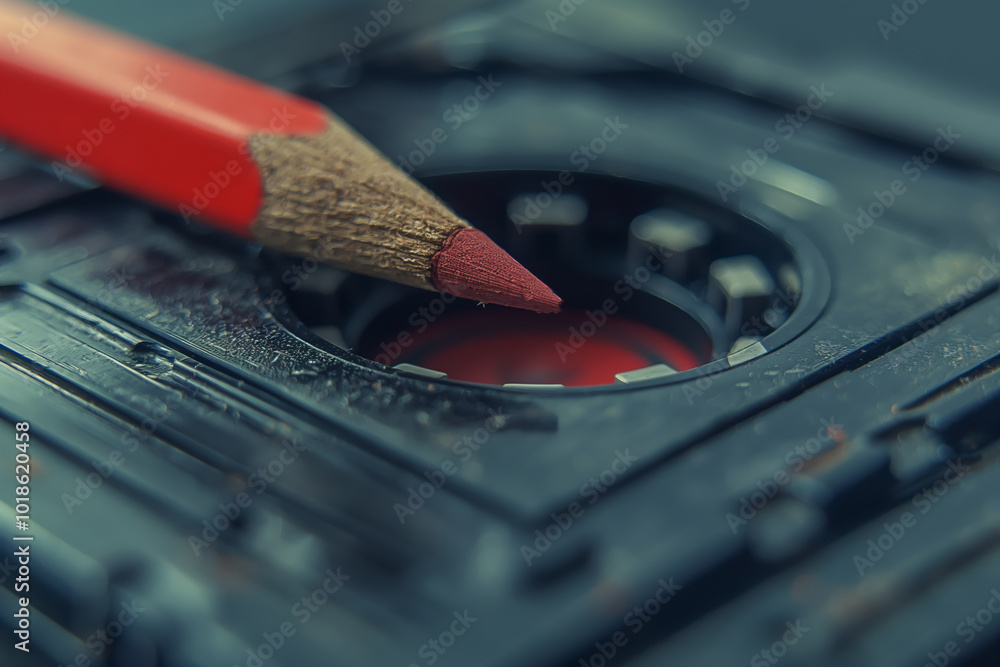 Obraz premium Red Pencil on Vintage Audio Cassette Tape CloseUp Macro