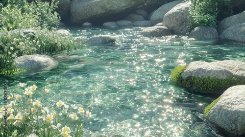 Tranquil Stream Flowing Through Rocks and Flowers