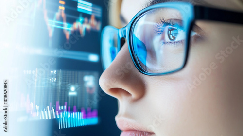 A Focused Woman Analyzing Data Through Smart Glasses