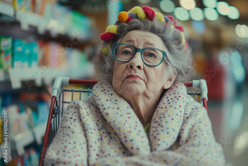 Elderly Woman in Grocery Store Wearing Glasses and Colorful Hair Curlers