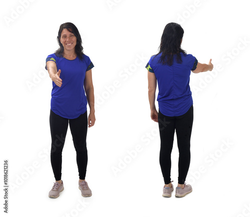 front and back view of same woman shaking hands with imaginary person on white background