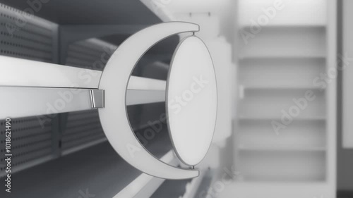 Rotating round shelf stopper mockup on blurred supermarket background. 3d animation loop