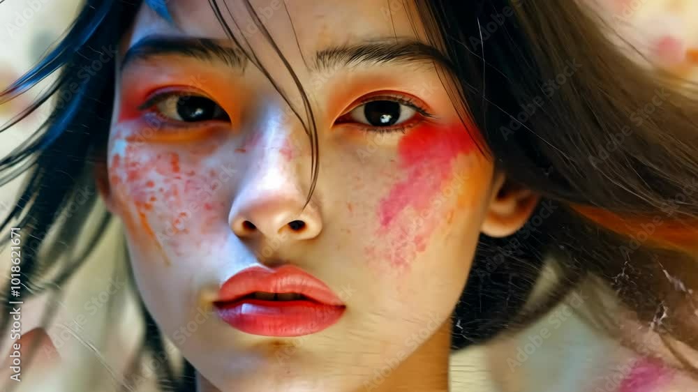 A close-up portrait of a woman with colorful makeup on her face, looking directly at the camera A close-up portrait of a woman with colorful makeup on her face, looking directly at the camera