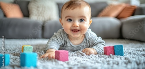 Happy baby playing with colorful blocks on soft rug in a cozy living room.