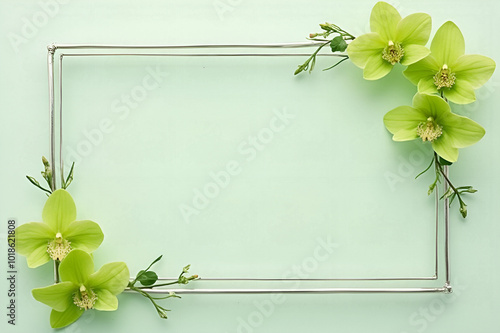 thin silver frame with bright light green orchids in the corners photo