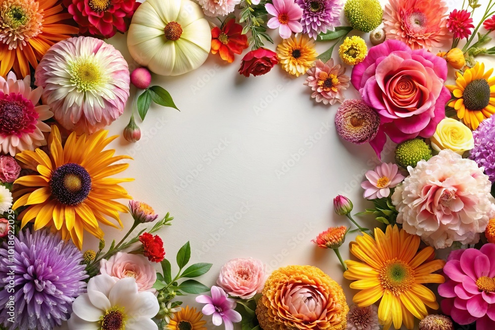 Fototapeta premium Background of various flowers, asymmetric arrangement