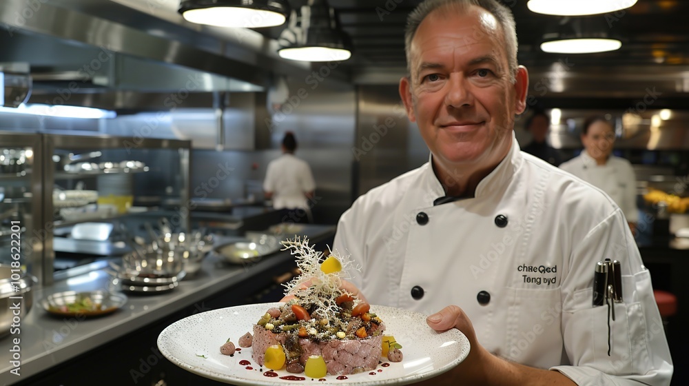 Chef holding a plate of beautifully arranged gourmet food, with a satisfied smile, symbolizing high food expectations and culinary excellence. Chef holding a plate of beautifully arranged gourmet food, with a satisfied smile, symbolizing high food expectations and culinary excellence.