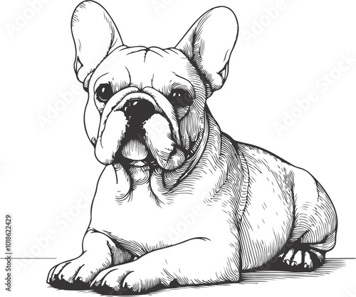 Line art French bulldog illustration. Ink style, cute animal for print Vector linear silhouette.
