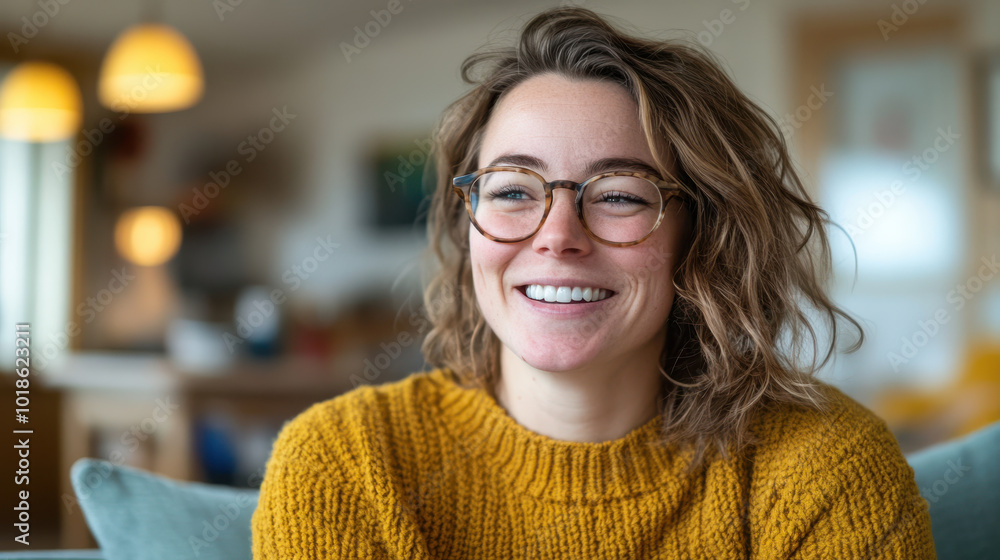 A warm, intimate photo of a woman with glasses, captured mid-laughter, her face radiating joy. She wears a textured mustard A warm, intimate photo of a woman with glasses, captured mid-laughter, her face radiating joy. She wears a textured mustard