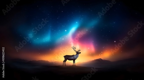 Lone Reindeer Silhouette Against Vibrant Aurora Borealis Celestial Display