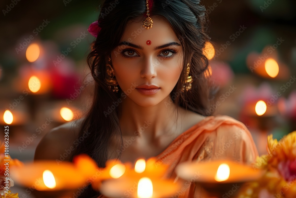Indian Woman in Festive Sari, Candlelight Gaze Indian Woman in Festive Sari, Candlelight Gaze