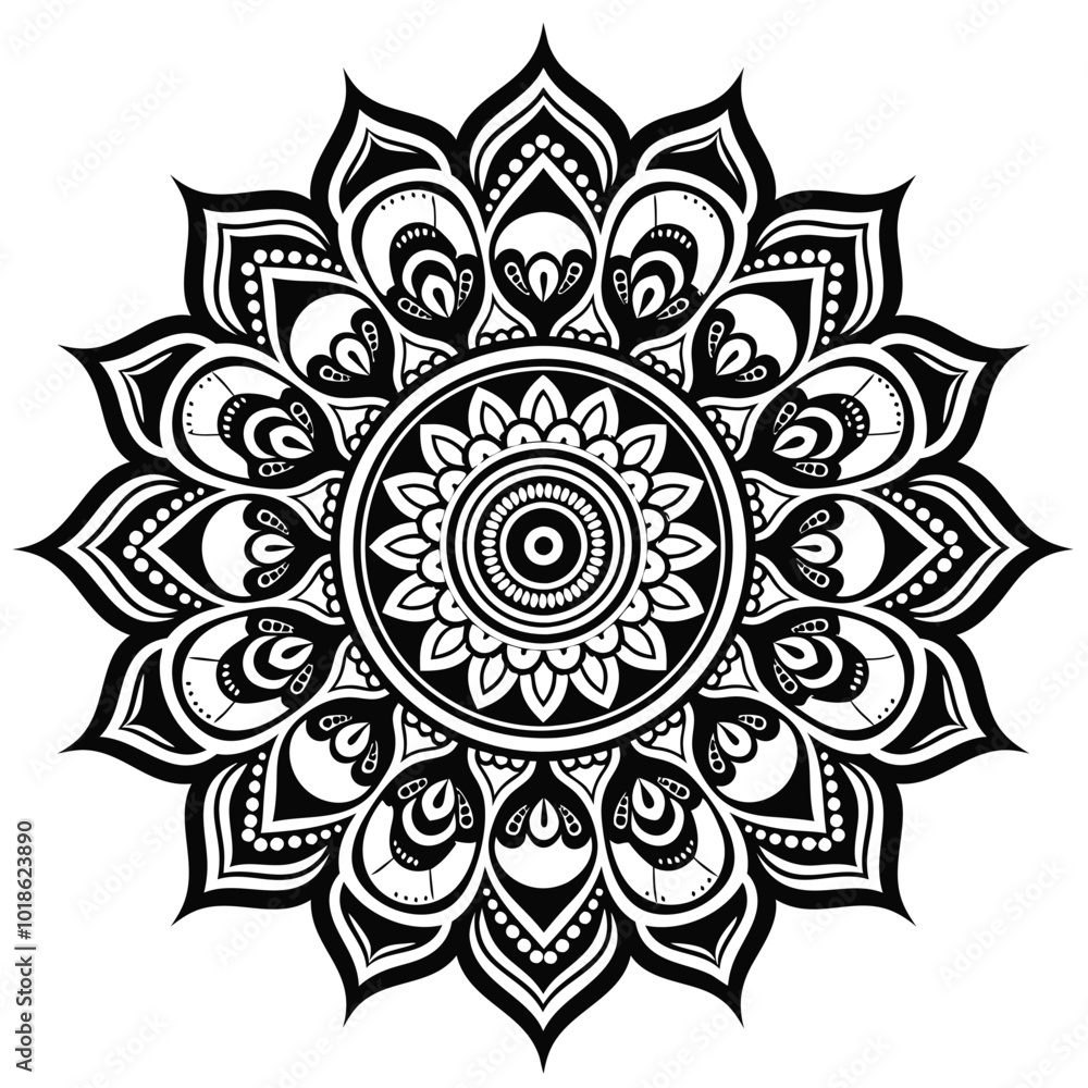 Elegant Black and White Vector Mandala with Ornate Patterns Elegant Black and White Vector Mandala with Ornate Patterns