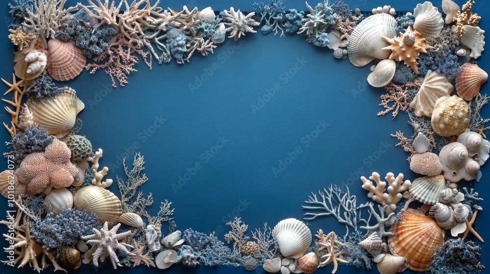 Obraz premium Seashells and Coral Bordering a Blue Background