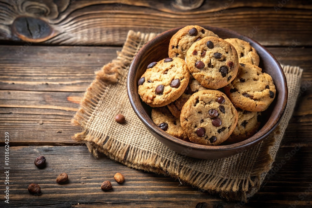 Baked chocolate chip cookies in a bowl on rustic wooden surface Baked chocolate chip cookies in a bowl on rustic wooden surface