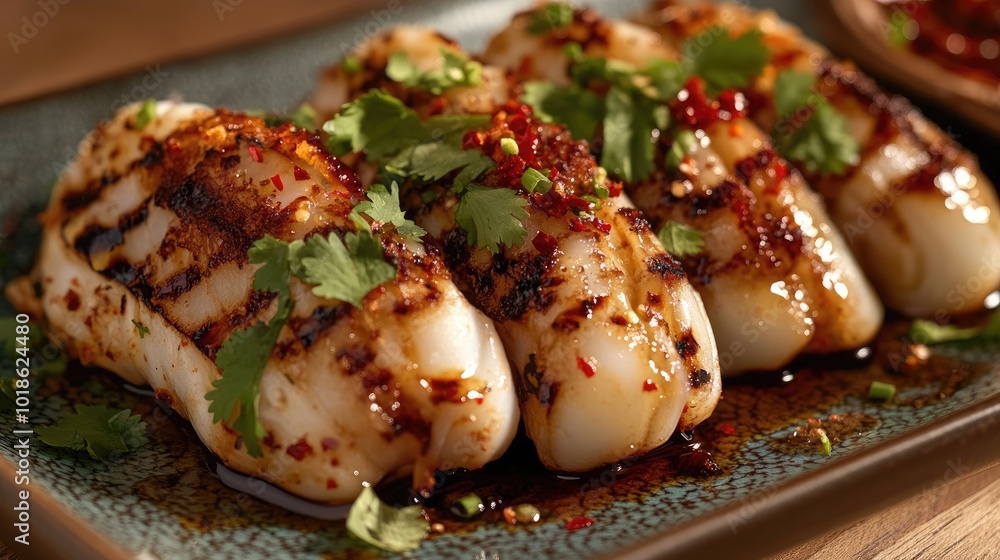 Grilled Seafood with Spicy Sauce and Fresh Herbs Grilled Seafood with Spicy Sauce and Fresh Herbs