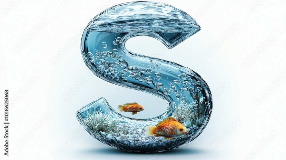 elegant glass letter S is filled with clear water, featuring colorful fish and bubbles, creating a captivating aquarium effect in a minimalistic environment. elegant glass letter S is filled with clear water, featuring colorful fish and bubbles, creating a captivating aquarium effect in a minimalistic environment.