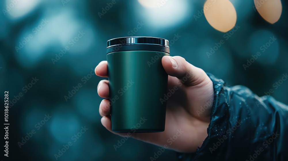 Hand holding a green travel mug against a blurred background. Hand holding a green travel mug against a blurred background.