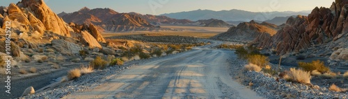 A desert road with a mountain in the background photo