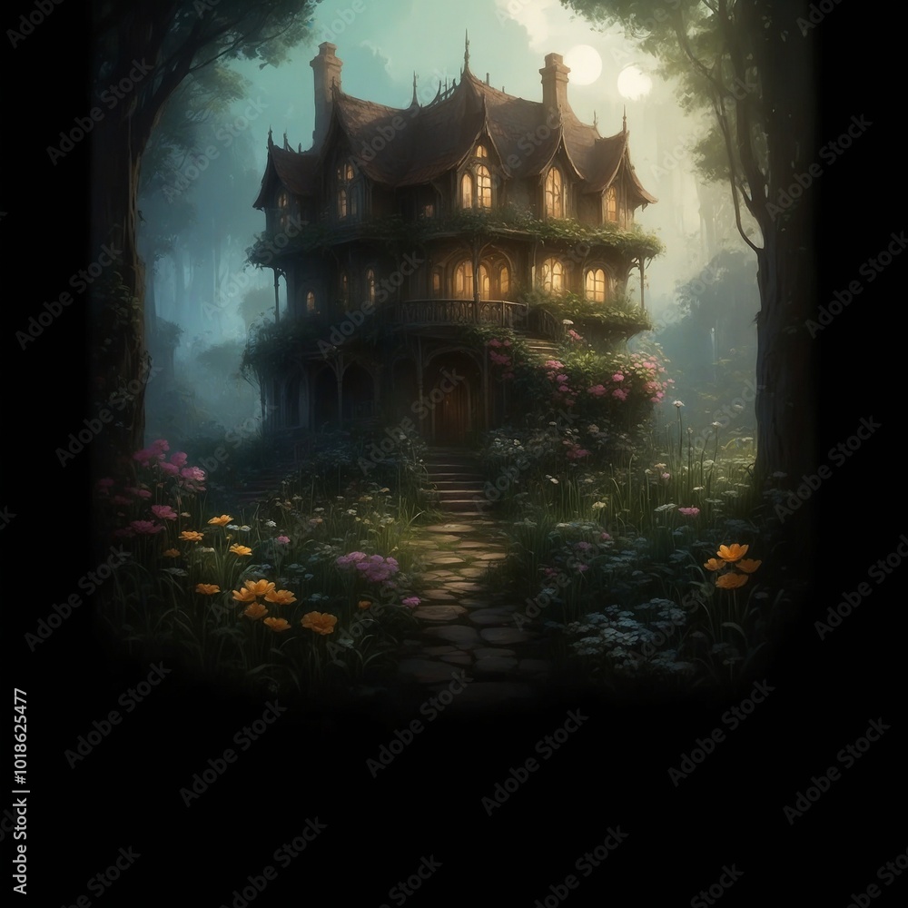Old Gothic castle in an abandoned garden at night within a black frame in a mysterious magical atmosphere Old Gothic castle in an abandoned garden at night within a black frame in a mysterious magical atmosphere