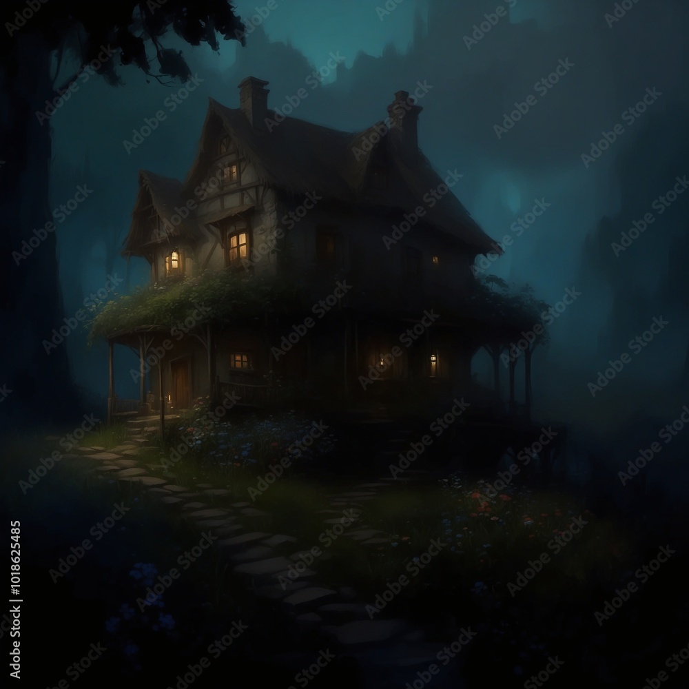 Old Gothic-style house with glowing windows on a dark night in a dramatic atmosphere Old Gothic-style house with glowing windows on a dark night in a dramatic atmosphere
