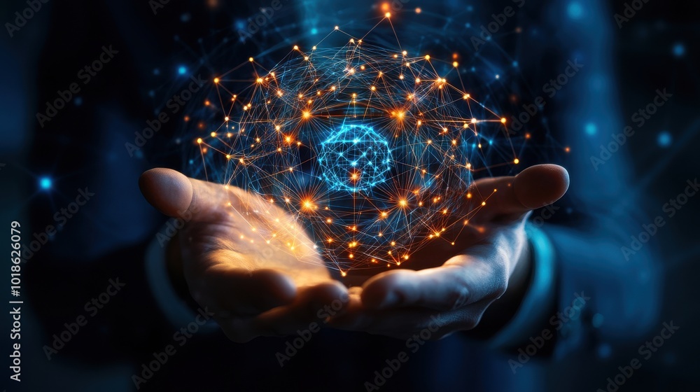 Hands holding a glowing, interconnected digital network. Concept of technology, innovation, and global communication in a digital age. Hands holding a glowing, interconnected digital network. Concept of technology, innovation, and global communication in a digital age.