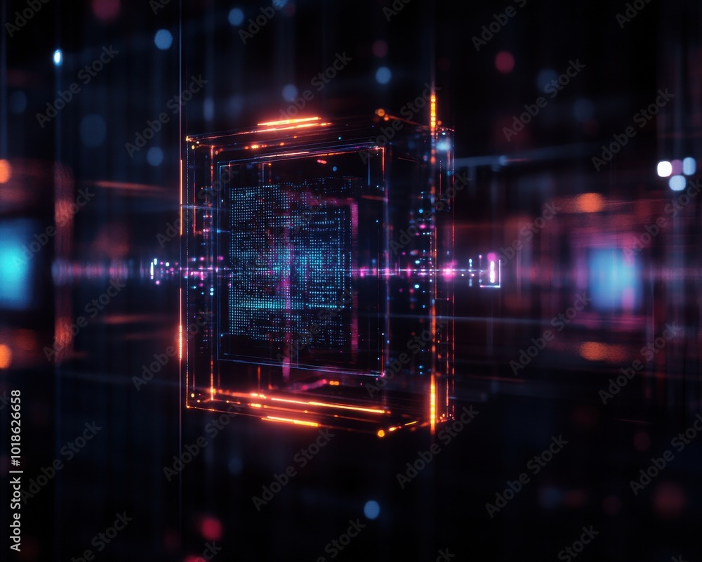 Fototapeta premium Futuristic digital interface with glowing neon lights and abstract geometric shapes, representing technology and innovation.