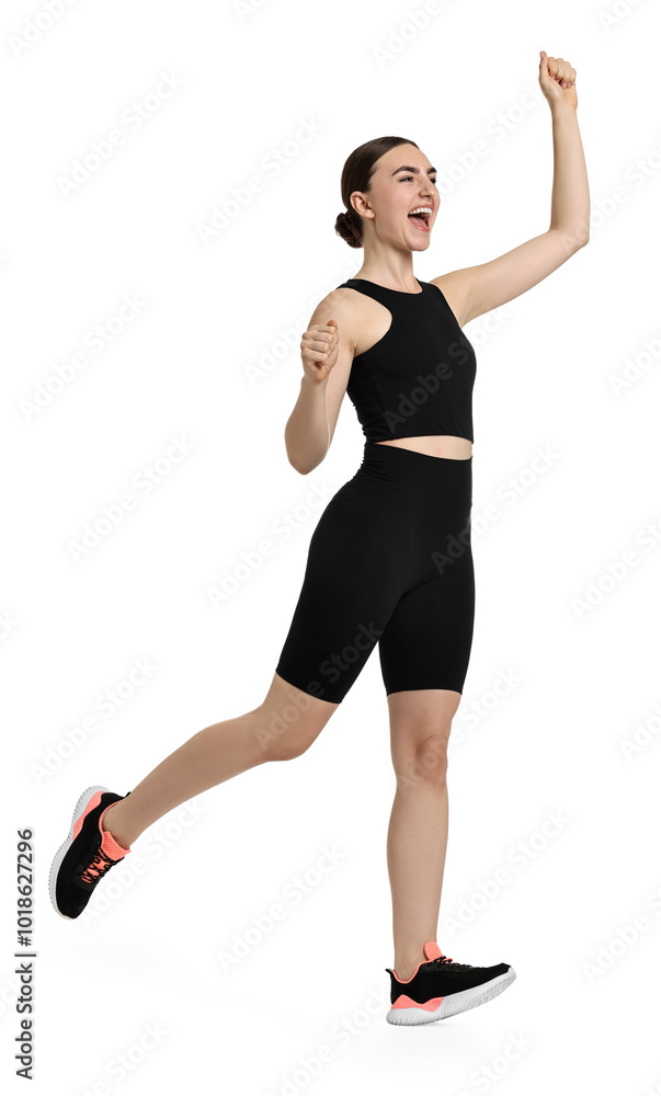 Beautiful woman in sportswear running on white background Beautiful woman in sportswear running on white background