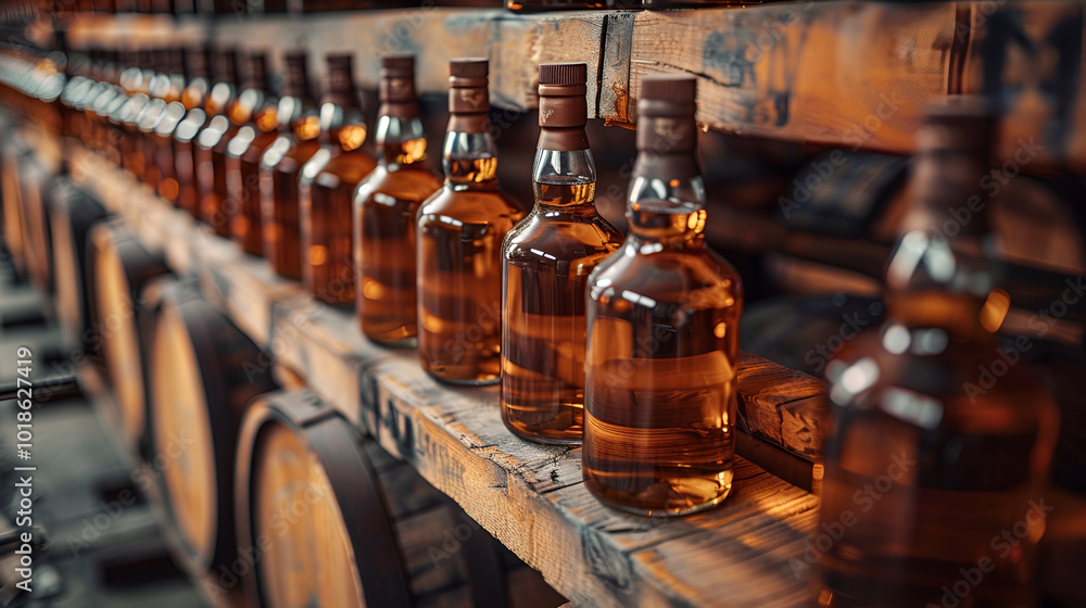 Irish whiskey bottles from West Cork close-up on oak Irish whiskey bottles from West Cork close-up on oak