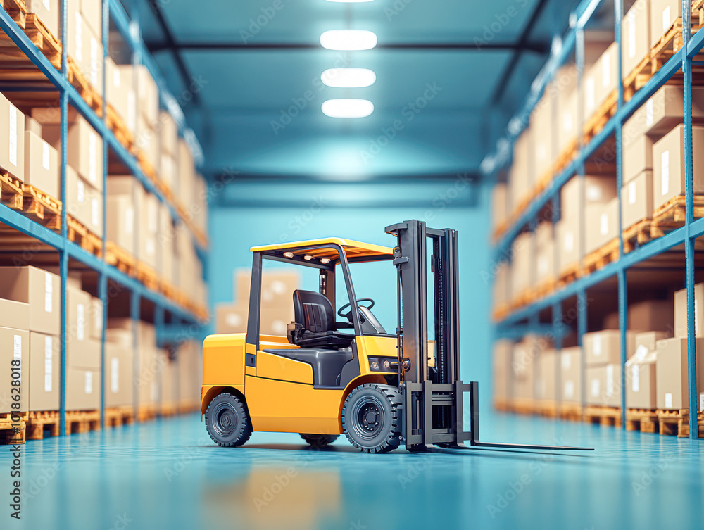 A yellow forklift is parked in a large warehouse A yellow forklift is parked in a large warehouse