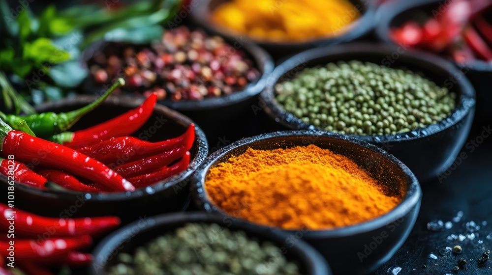 Fototapeta premium Vibrant Spices and Herbs in Rustic Bowls