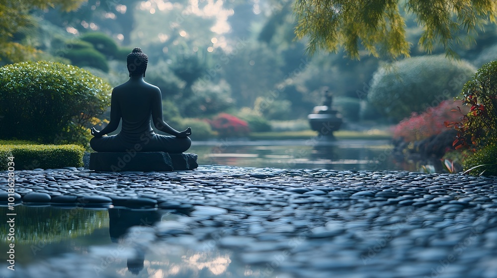 Person meditating in a tranquil Zen garden Person meditating in a tranquil Zen garden