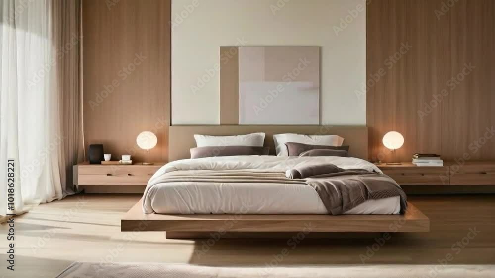 motion video of A minimalist bedroom with a low-profile platform bed, light wood nightstands, and soft, neutral bedding motion video of A minimalist bedroom with a low-profile platform bed, light wood nightstands, and soft, neutral bedding