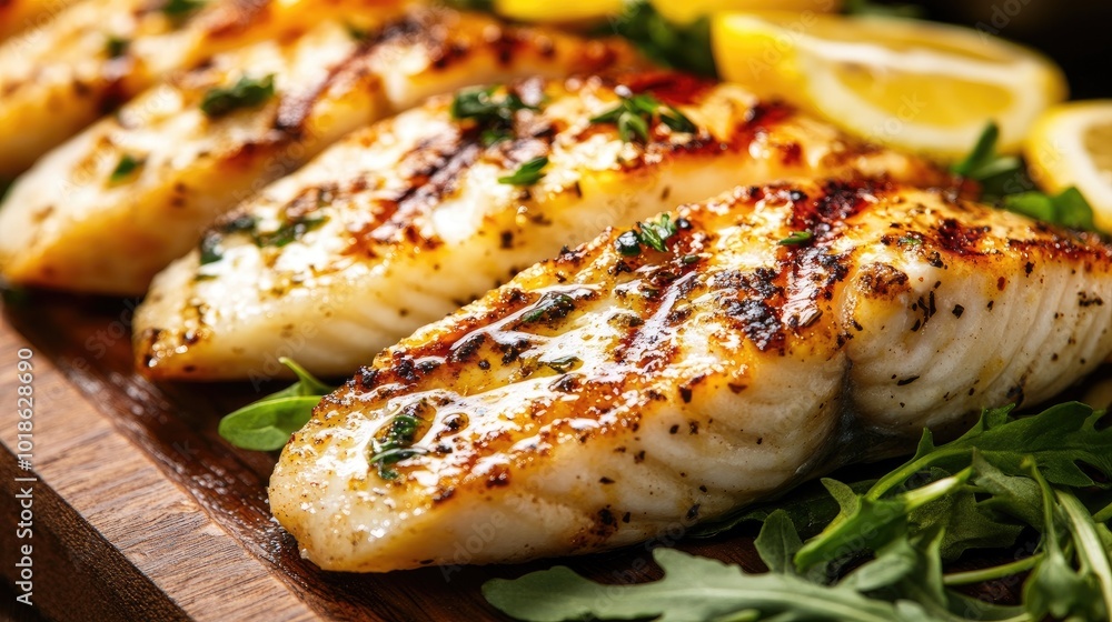 Grilled Fish with Fresh Lemon and Herbs on Platter Grilled Fish with Fresh Lemon and Herbs on Platter