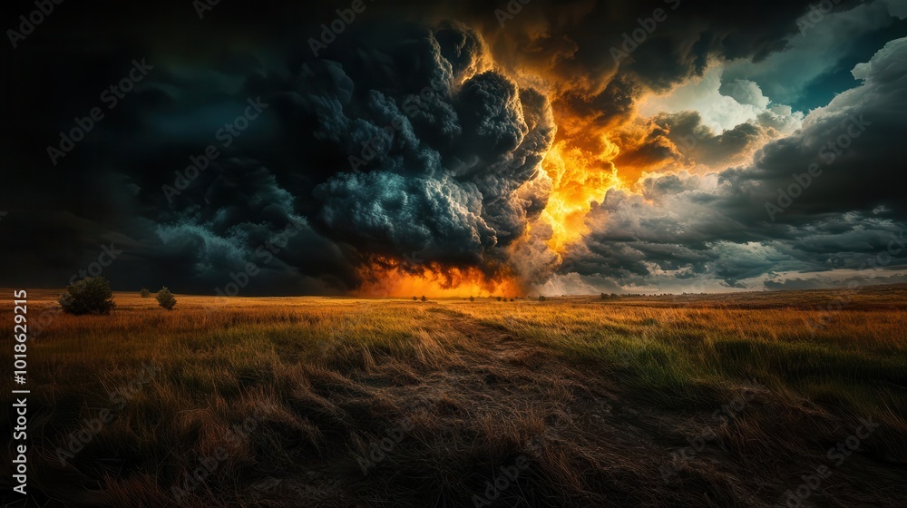 Fototapeta premium Dramatic storm clouds illuminated by fiery lightning over a serene landscape, creating a breathtaking contrast in nature.