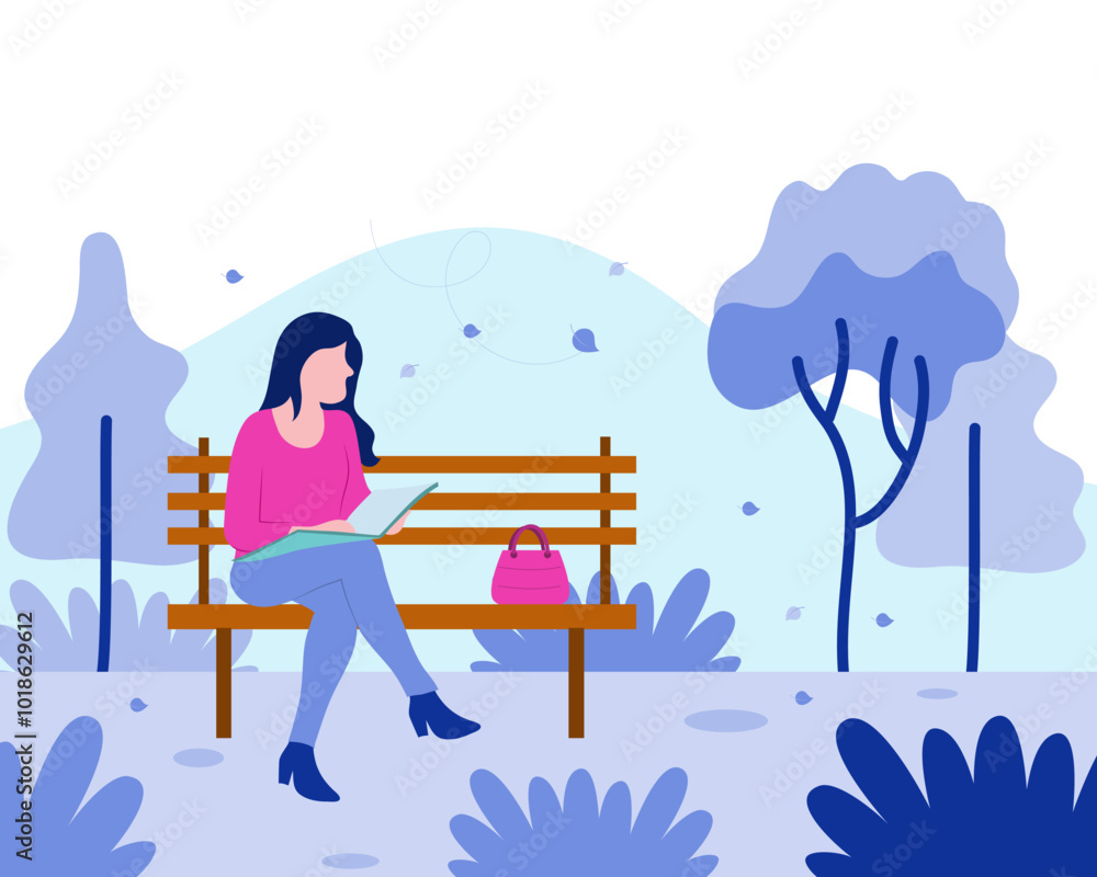 Young woman in pink shirt holding a book and sitting in the park bench chair alone. Young woman in pink shirt holding a book and sitting in the park bench chair alone.