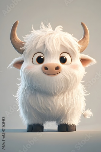 A cute, fluffy white cartoon yak with big brown eyes and a friendly smile stands against a gray background.