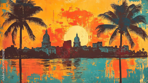 Havana, Cuba, color wood block print effect. Woodblock printing. Graphic designed, illustration for travel poster, card, wallpaper, backdrop or banner. Modern, clear, artistic and simple