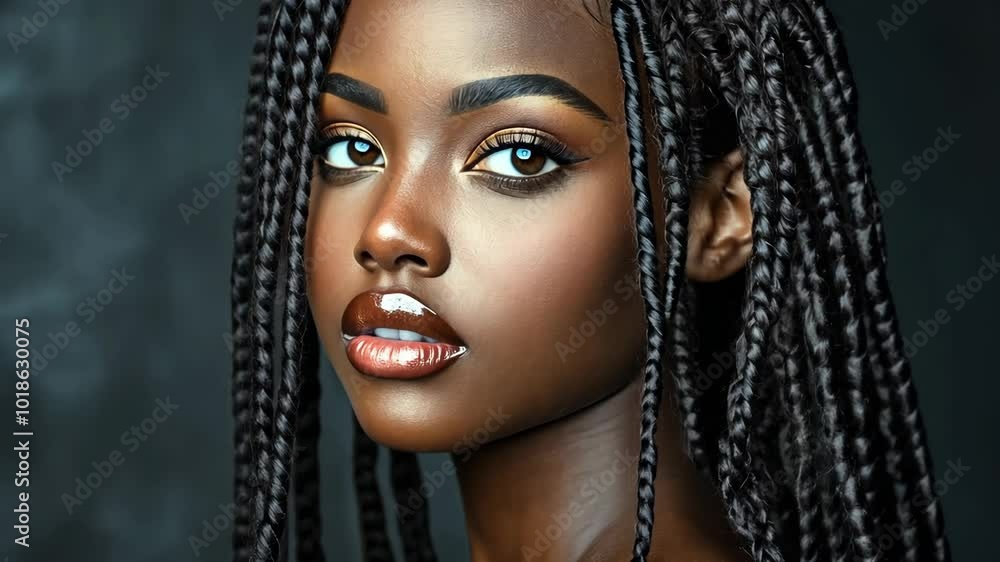 A young woman with long black braids looks intently at the camera A young woman with long black braids looks intently at the camera