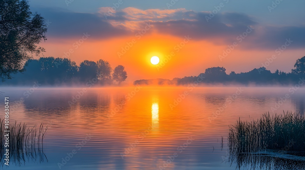 Sunrise over a calm lake with fog. Sunrise over a calm lake with fog.