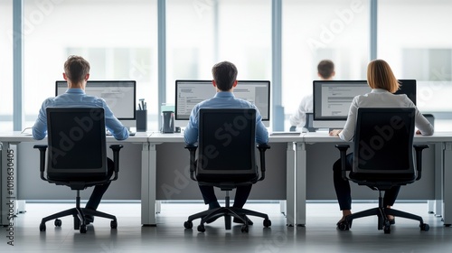 Rear View of Businesspeople Working at Desk in Office.