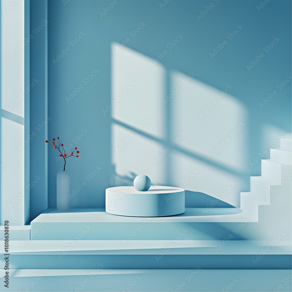 Minimalist 3D product display studio setting with periwinkle toned walls and floors natural lighting filtering through a window and a product podium casting soft shadows a digital mockup Minimalist 3D product display studio setting with periwinkle toned walls and floors natural lighting filtering through a window and a product podium casting soft shadows a digital mockup