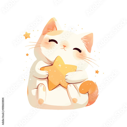 A cute cat is holding a star in its mouth. The cat is smiling and he is happy. The image has a playful and whimsical mood, as it features a cat and a star, which are both symbols of innocence