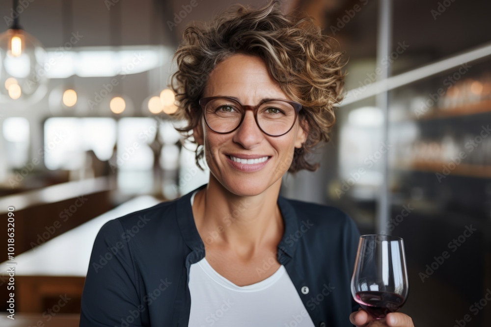 Portrait of smiling businesswoman holding glass of red wine in cafe Portrait of smiling businesswoman holding glass of red wine in cafe