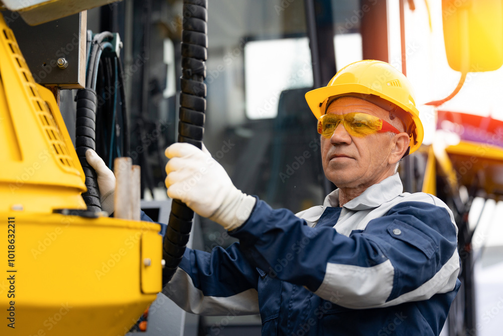 Adult man worker checks piping system of hydraulic hose valves in industrial equipment Adult man worker checks piping system of hydraulic hose valves in industrial equipment
