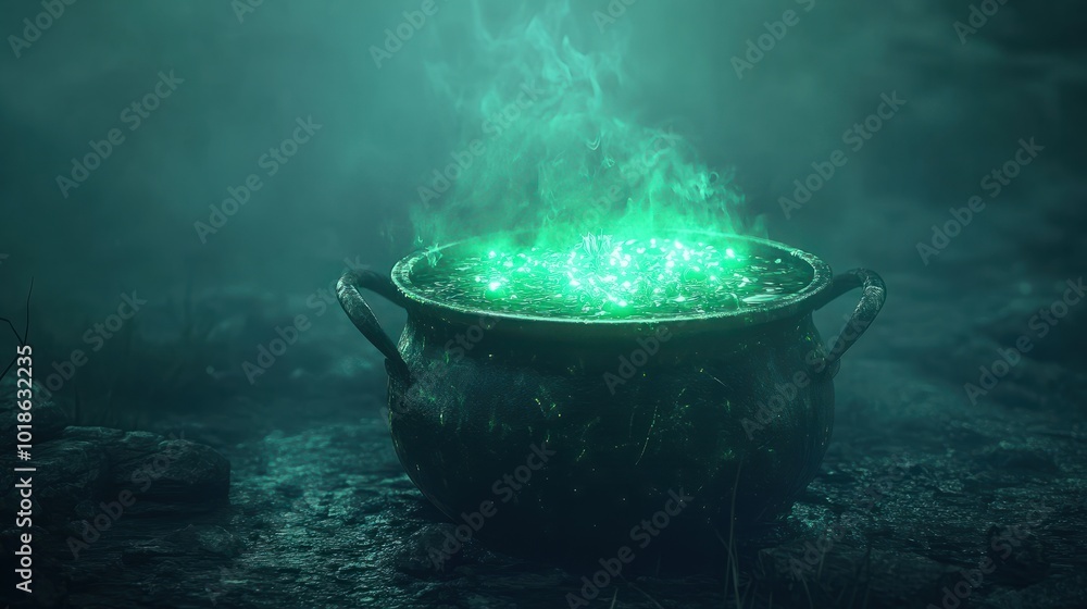 Cauldron with green glowing potion isolated on a dark foggy background Cauldron with green glowing potion isolated on a dark foggy background