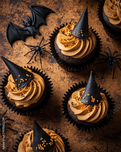 Halloween themed cupcakes with mastic witch hats on a brown background surrounded by spiders and bats for children s treats photo