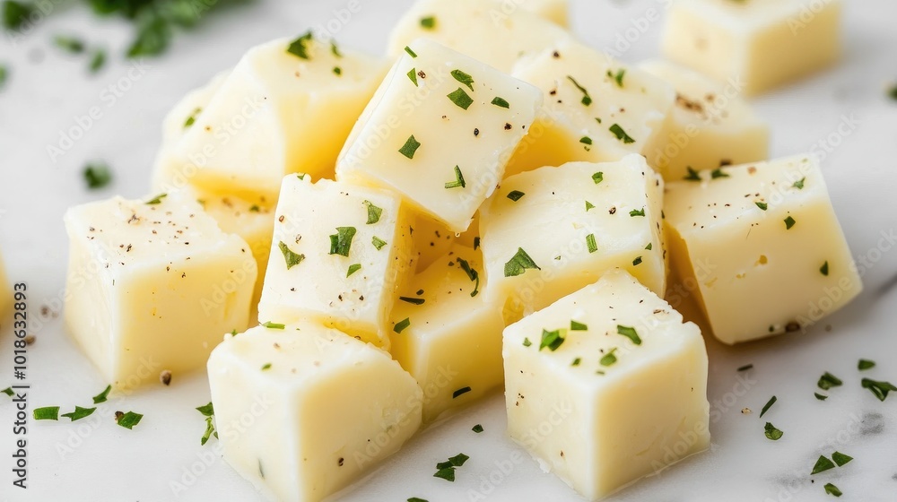 Fresh Cheese Cubes with Herbs on White Background Fresh Cheese Cubes with Herbs on White Background
