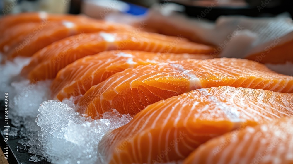 Fresh Salmon Fillets on Ice Displayed for Sale Fresh Salmon Fillets on Ice Displayed for Sale