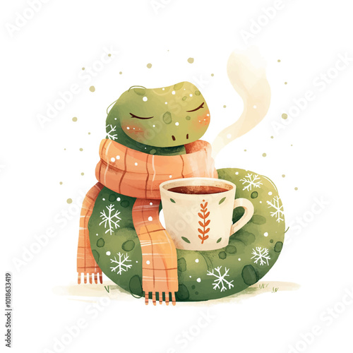 A green snake is curled up next to a mug of hot chocolate. The image has a cozy and warm feeling, as if the snake is enjoying a hot drink on a cold day