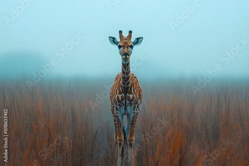 Curious Giraffe Calf in Misty Grassland photo